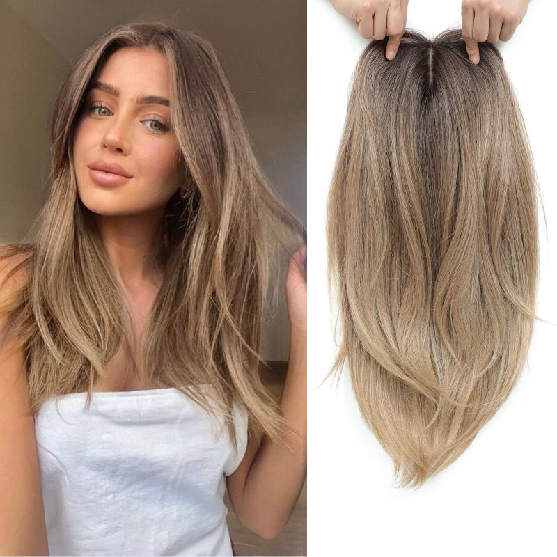 Molefi Hair Toppers for Women with Thinning Hair18 Inch Long Layered TopperSynthetic Wiglets Pieces For Women 65x65Large Base for Daily Use Ombre Brown Blonde